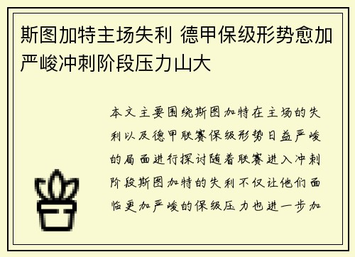斯图加特主场失利 德甲保级形势愈加严峻冲刺阶段压力山大
