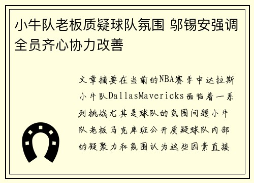 小牛队老板质疑球队氛围 邬锡安强调全员齐心协力改善